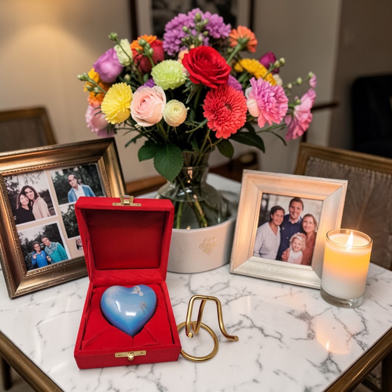 Blue Heart Keepsake Urn for Ashes 3 CI Mini Memorial Urn 2.9″ w/ Stand & Velvet