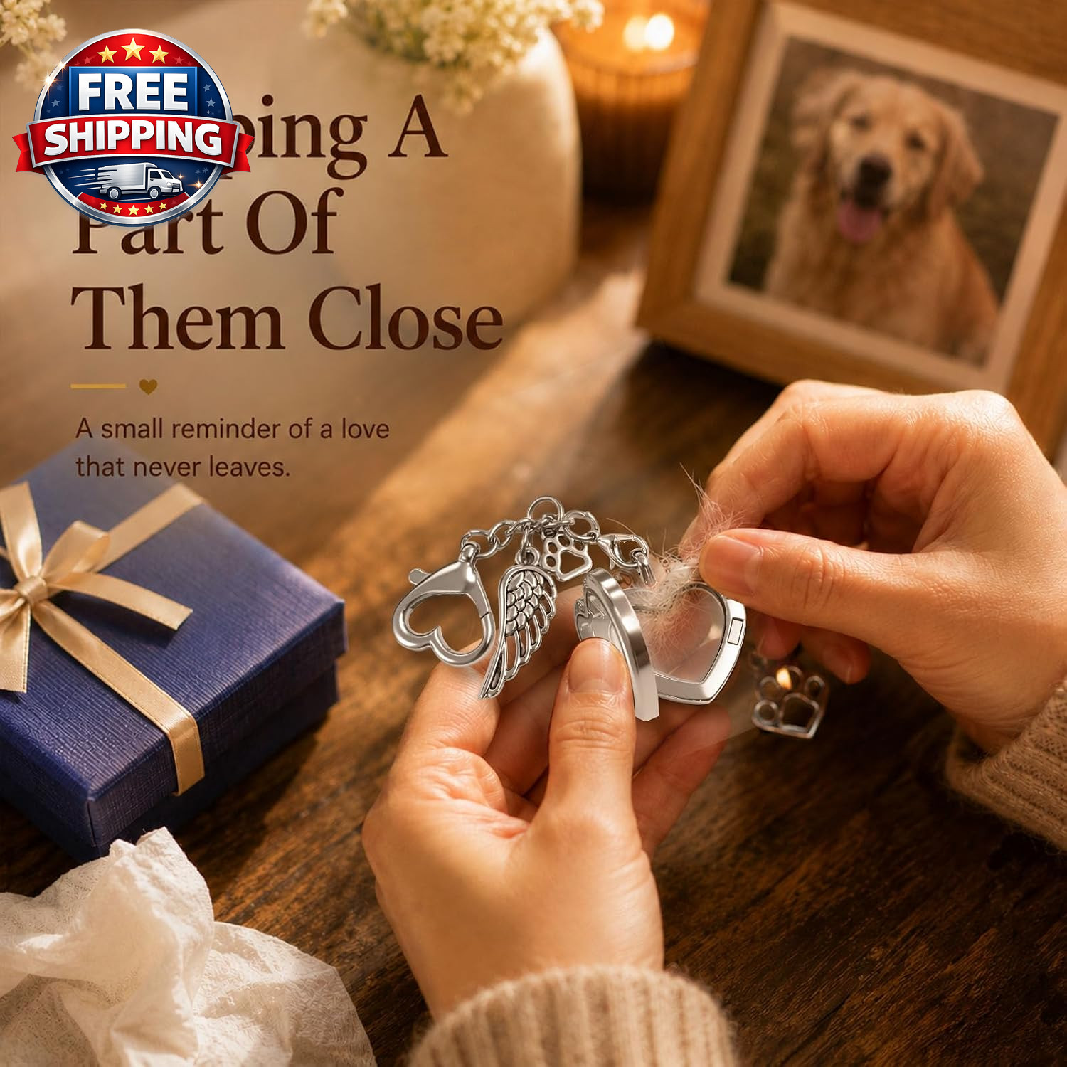 Dog Memorial Gift for Loss of Dog, Pet Hair Keepsake with Angel Wing Charm, Rain