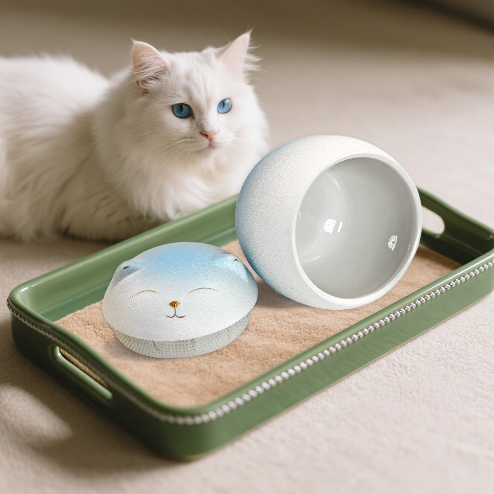 Smiley Cat Shaped Blue-White Gradient Pet Urn For Small Dog And Cat Ashes(M)