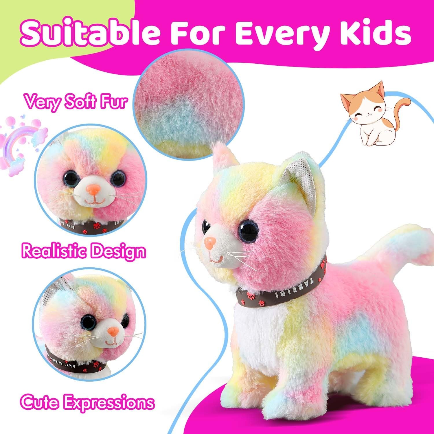 Colorful Walking Cat Toy for Kids, Girls; Purrs, Meows, Animated Play Kitten