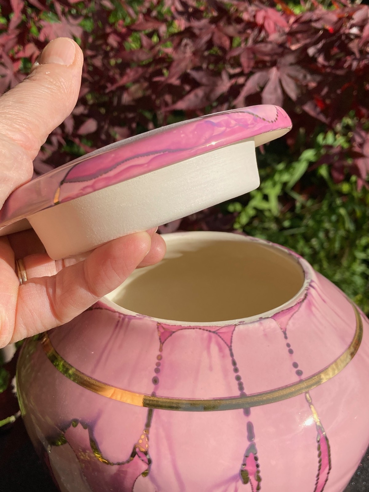 Handmade Ceramic Cremation Urn, Keepsake Vessel in Pink w/Gold, 150 cubic inch