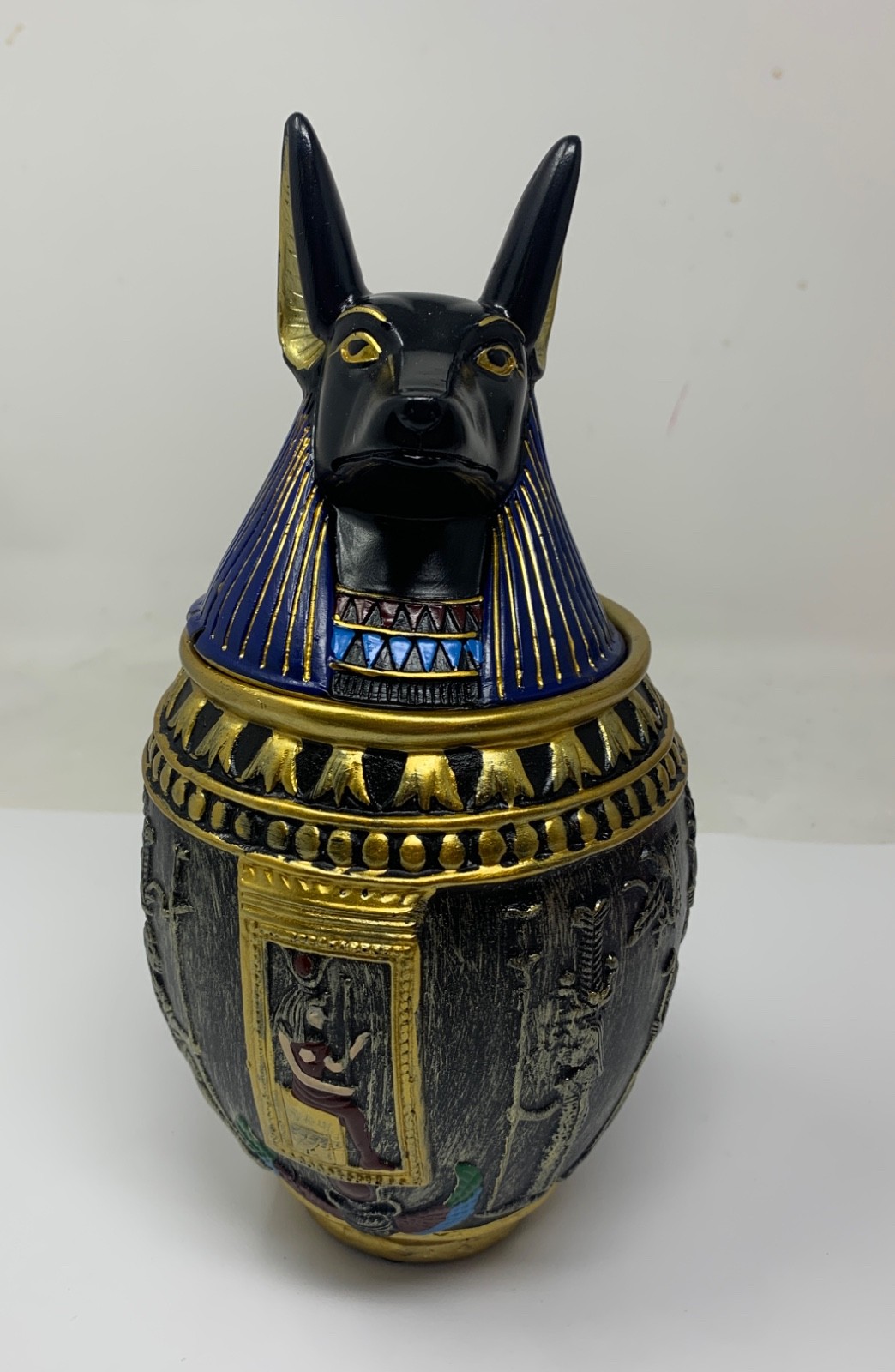 Egyptian Jar 9″ Dark Blue Anubis Memorial Pet Dog Urn Quality Resin–Chip Damage