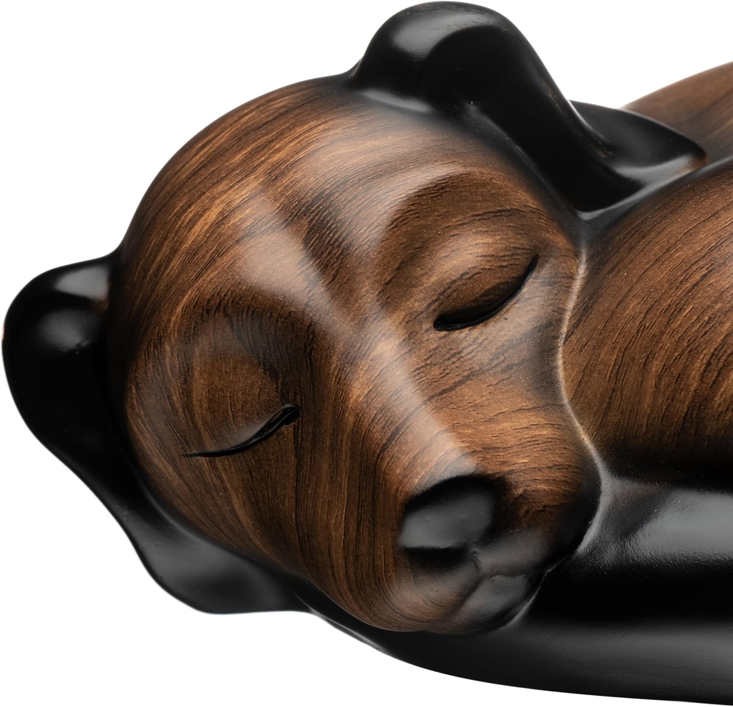 Elegant Dog Urn Sleeping Resin Black Walnut Lacquered Secure Bottom Opening