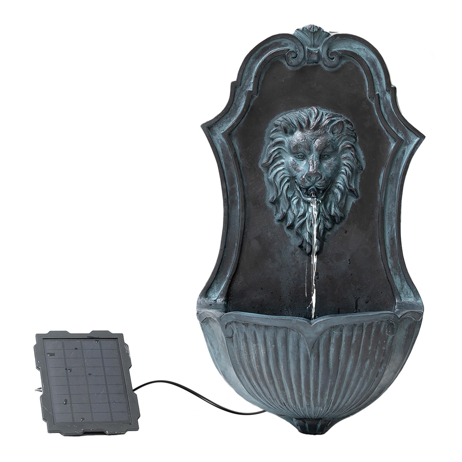 XBrand 26″ Solar-Powered Wall-Mounted Lion Head Fountain, Resin, Outdoor, Gray