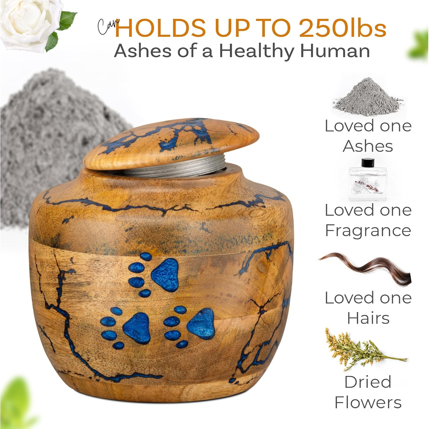 Elegant Wooden Pet Urn with Blue Resin Paws – Medium Size Memorial Box