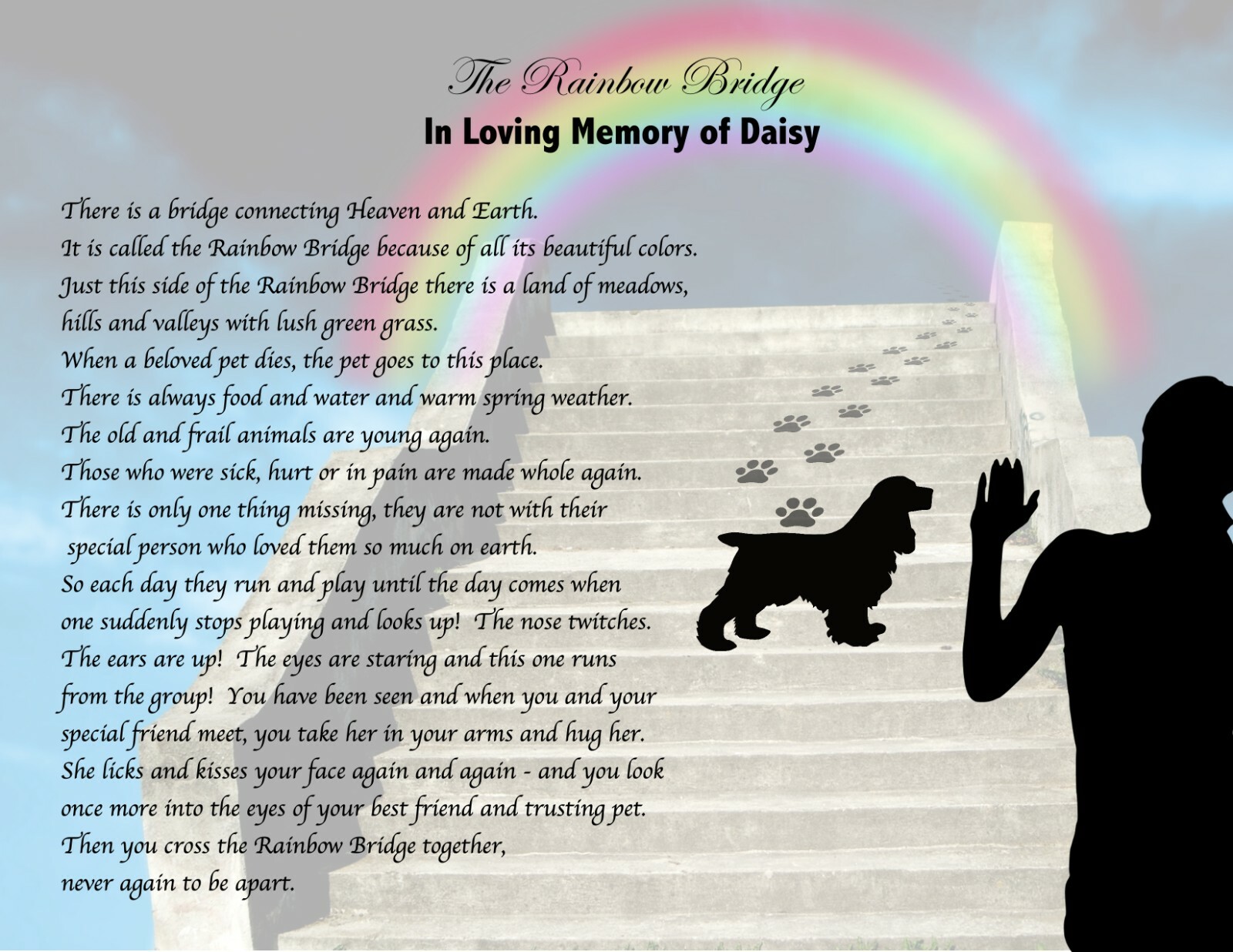 DOG BREED Memorial Poem RAINBOW BRIDGE UNFRAMED Stairway to Heaven Art Print