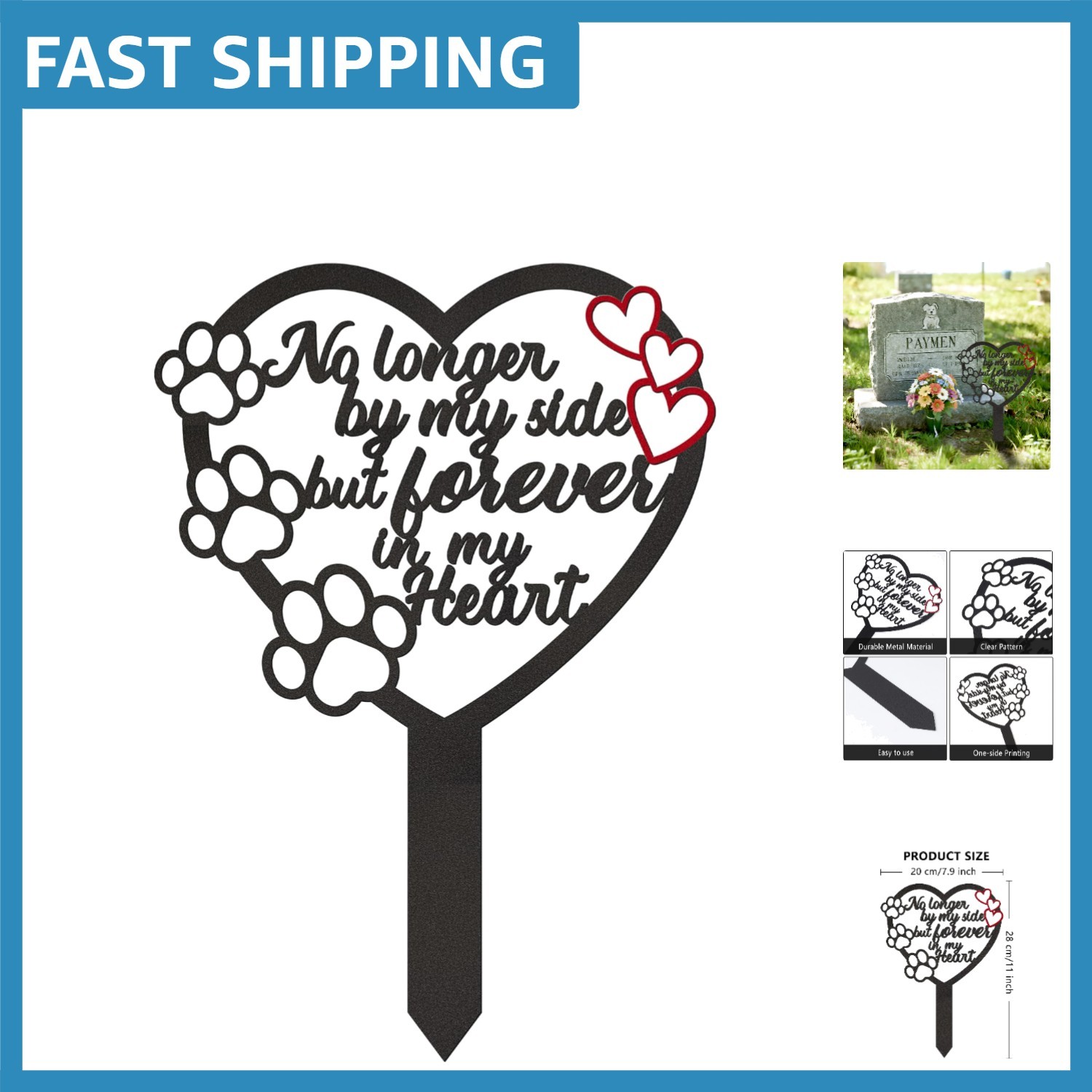 Durable Metal Pet Memorial Plaque – Heart and Paw Design for Graveside Tribute