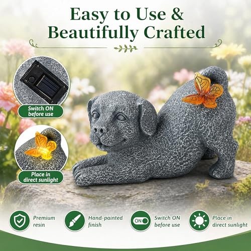 Solar Dog Statue with Butterfly Light, Outdoor Puppy Resin Garden Figurine for