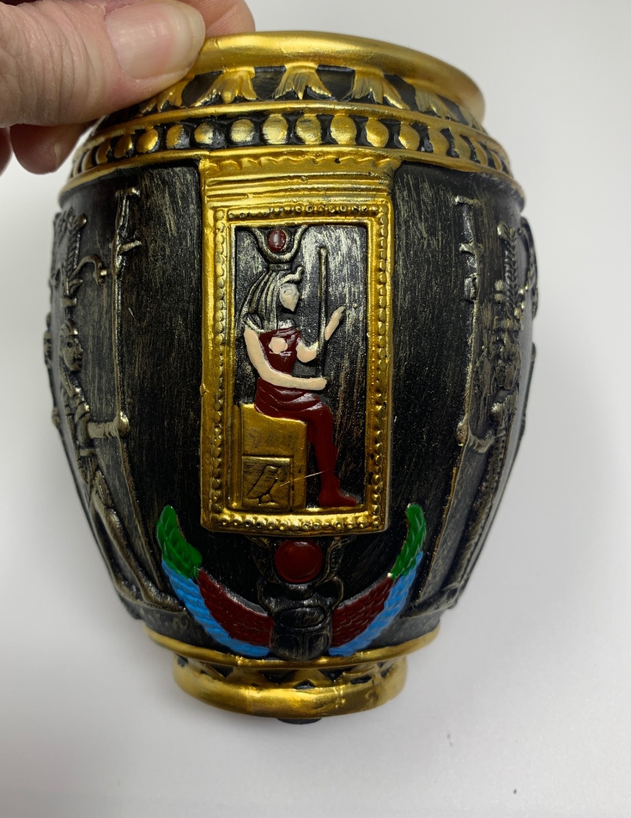 Egyptian Jar 9″ Dark Blue Anubis Memorial Pet Dog Urn Quality Resin–Chip Damage