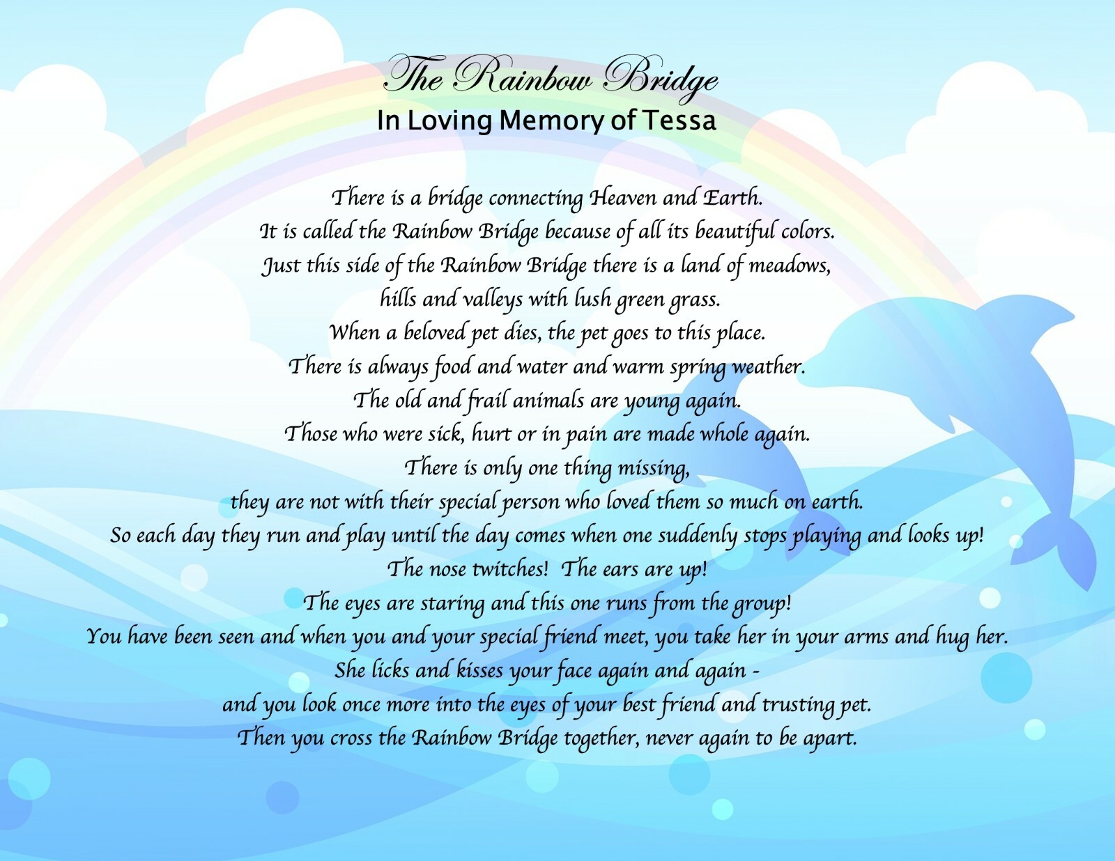 Pet Memorial Poem RAINBOW BRIDGE Personalized UNFRAMED Art Print Gift Dog, Cat