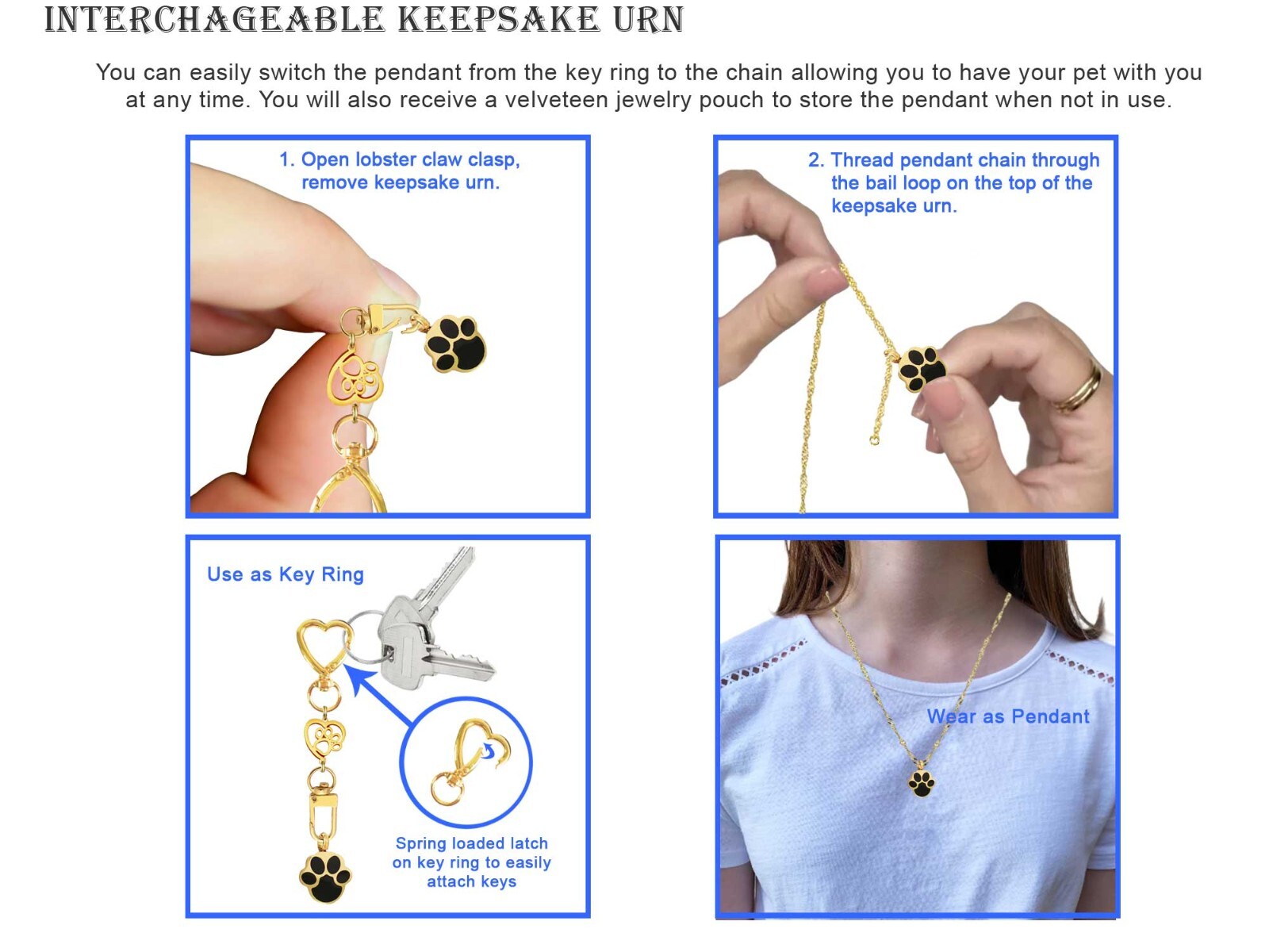 Golden Paw Print Keepsake Urn Interchangeable Necklace or Key Ring, Engravable