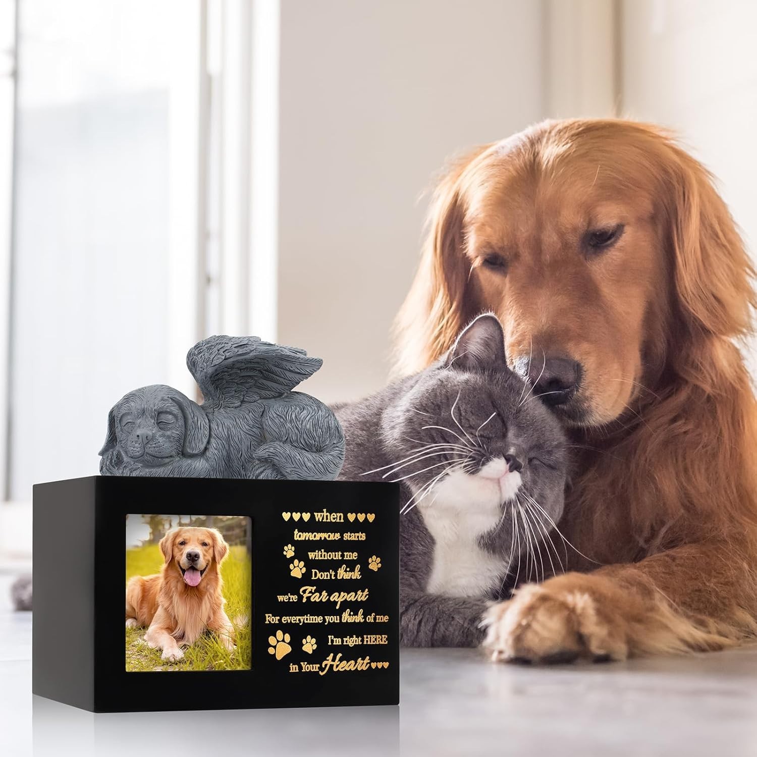 Large Wooden Pet Urn for Dog or Cat Ashes with Dog Angel Memorial Keepsake