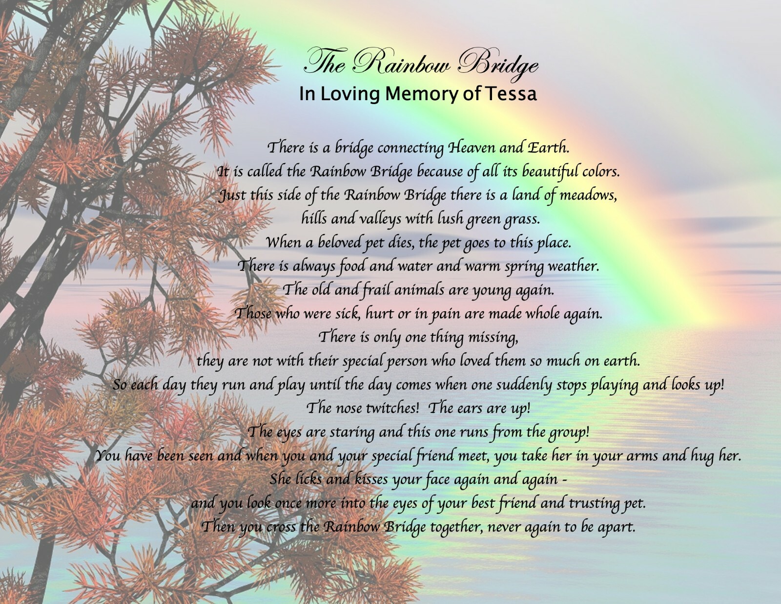 Pet Memorial Poem RAINBOW BRIDGE Personalized UNFRAMED Art Print Gift Dog, Cat