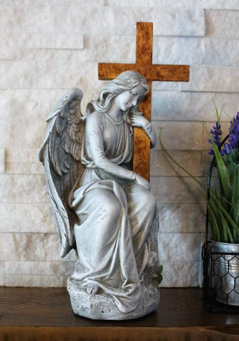 Memorial Statue Angel and Cross Comforting mourning angel Durable resin 13 in