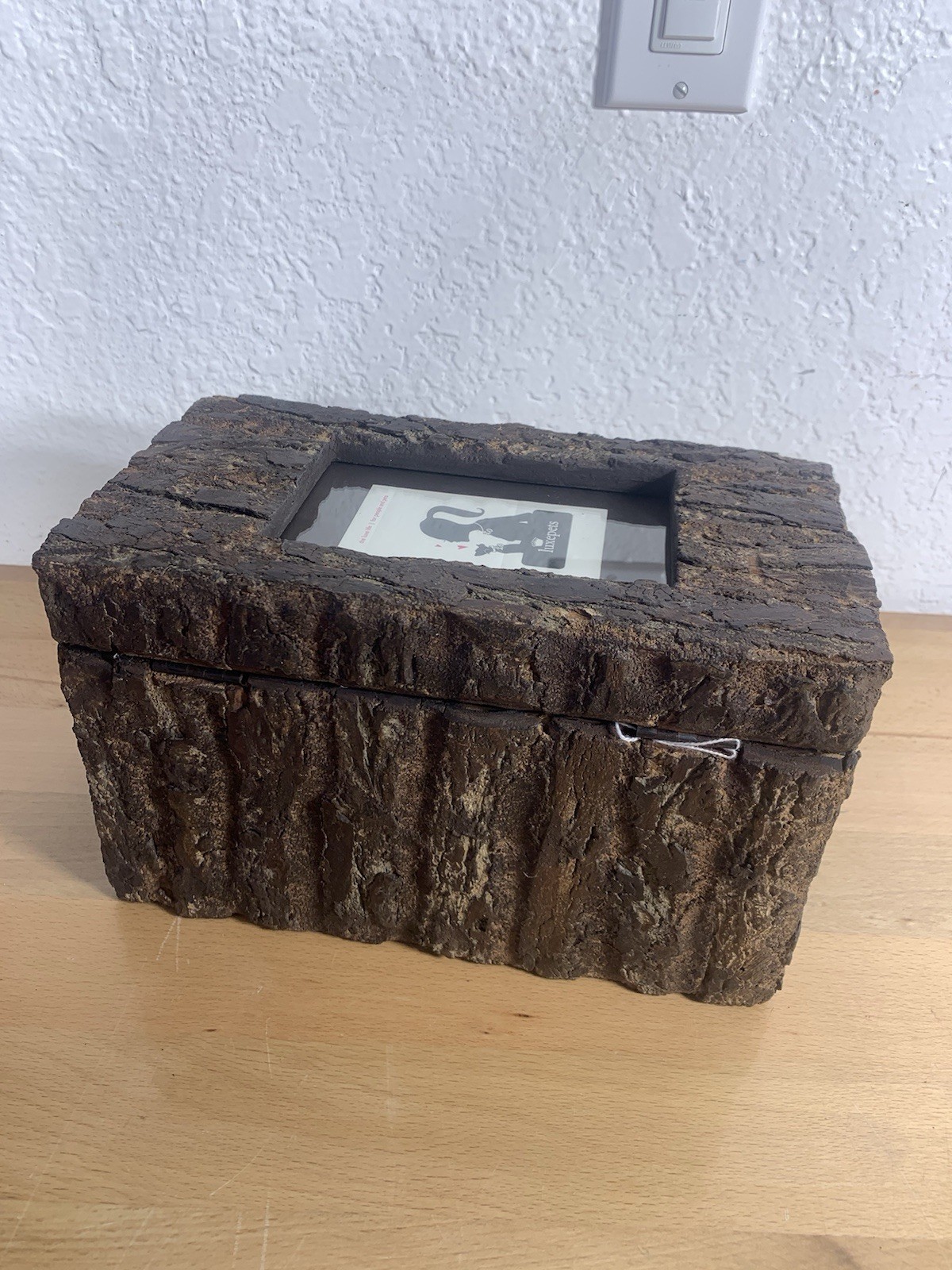 Pet Memorial Urn for Large Dog Rustic Live Edge Wooden with Glass Picture Pane