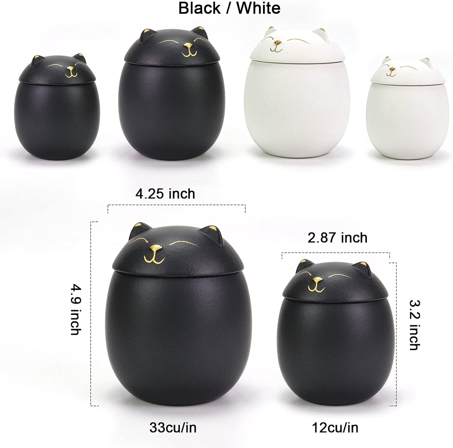 Cat Urn Dog Sized 3.2×2.9 and 4.9×4.25. A Smiley-Cat Pet 33 cu/in, Black