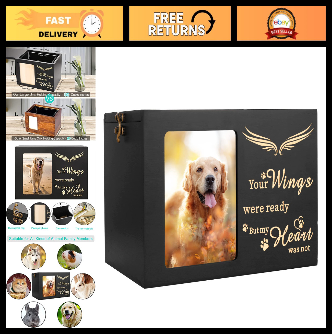 Large Wooden Pet Memorial Urn for Dog or Cat Ashes – Cremation Box with Photo Fr