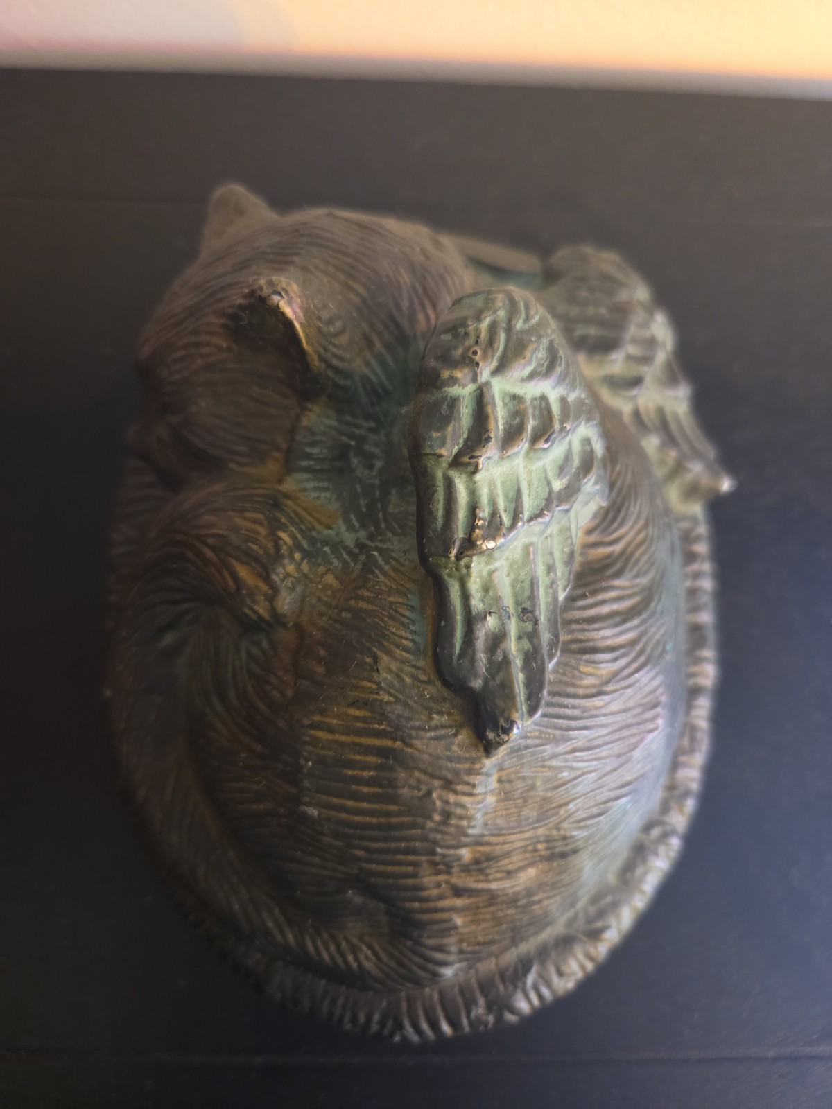 Angel Cat Sleeping in Basket Bed Bronzed Cremation Urn Memorial Figure 6.5″x4″