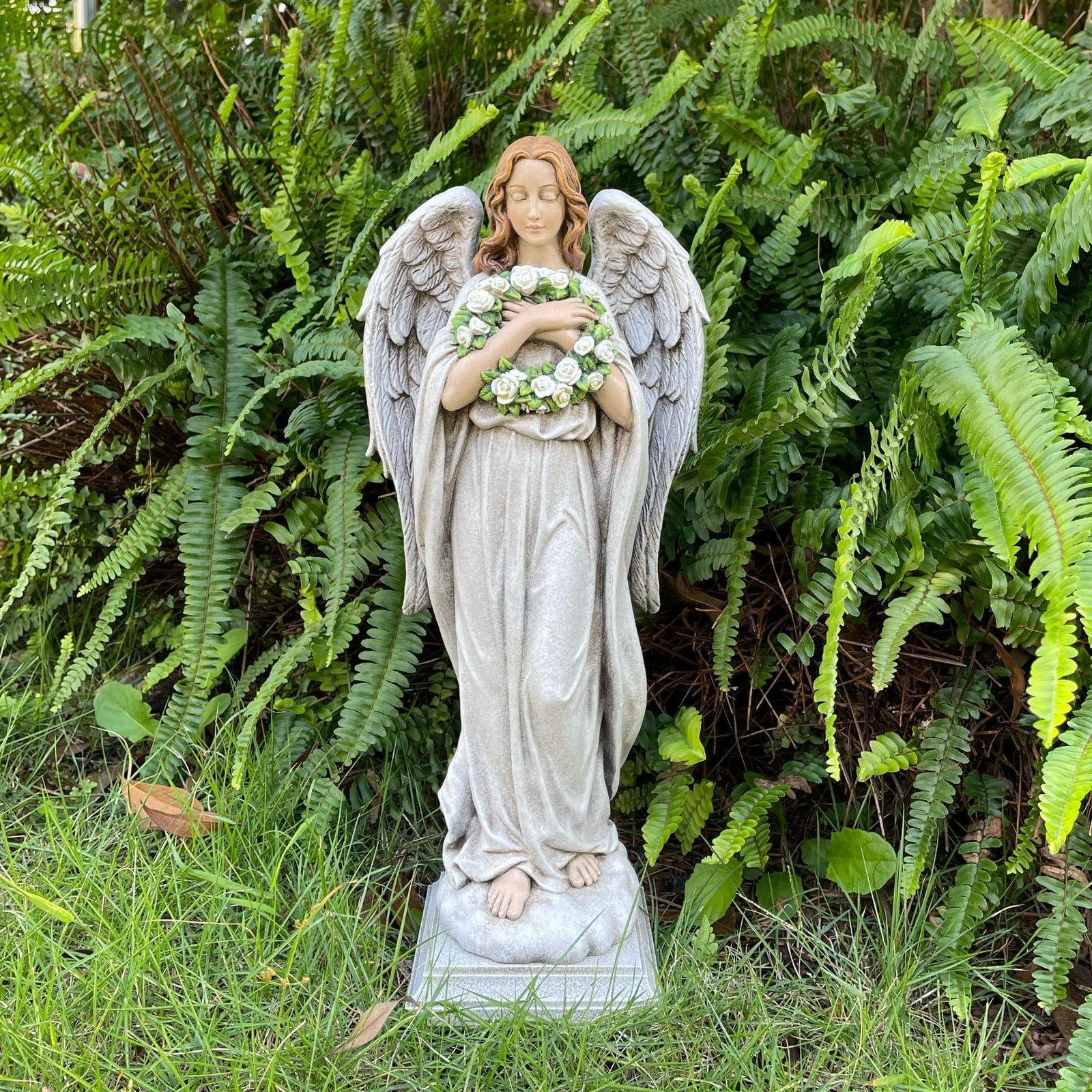 Garden Angel with Flower Wreath Statue – 16″ Outdoor Memorial Angel Decor