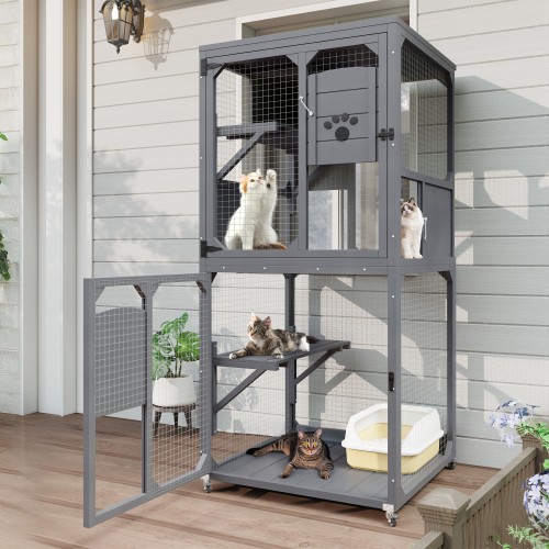 Catio Window Cat Enclosure, 4-Tier House w/ Wheels & Roof, Gray