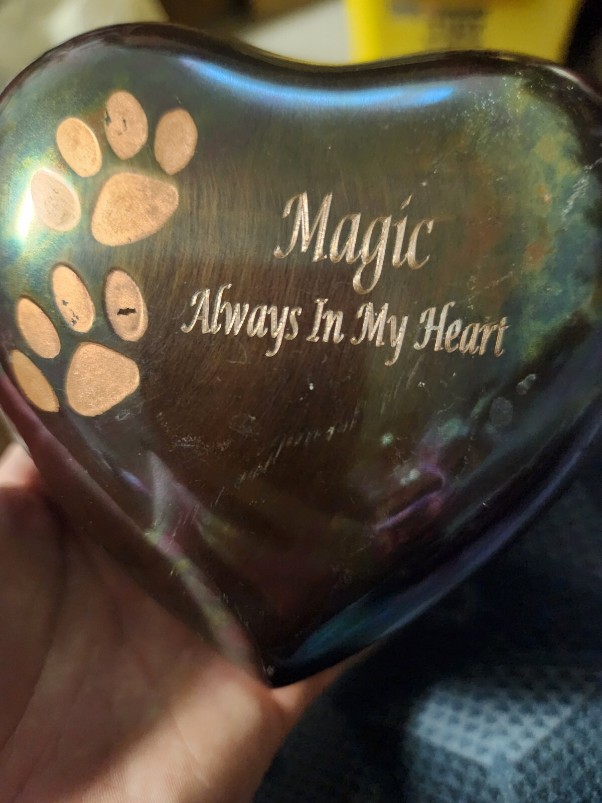 Iridescent Paw Print Raku Heart Shaped Keepsake Pet Urn Magic Always In My Heart