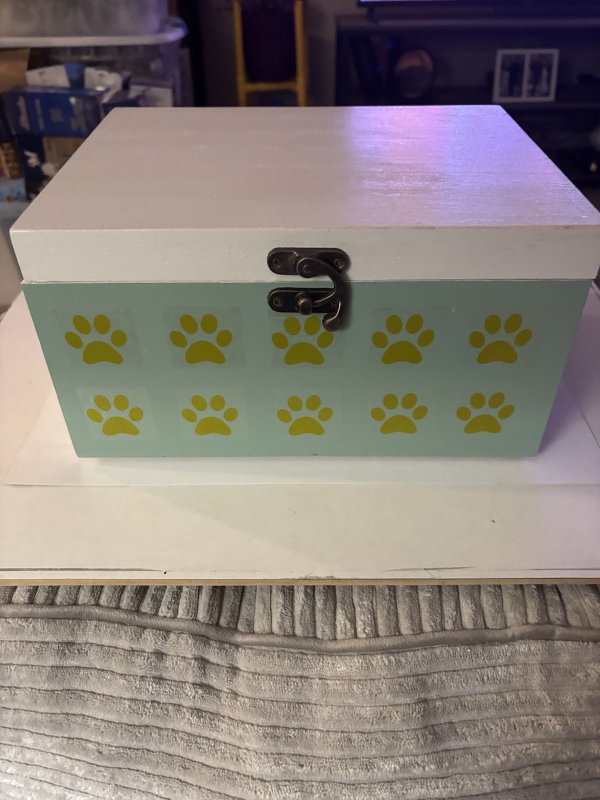 Pet Cremation Box-Yellow Paws On Green And White-Free Mini Urn With Every Box