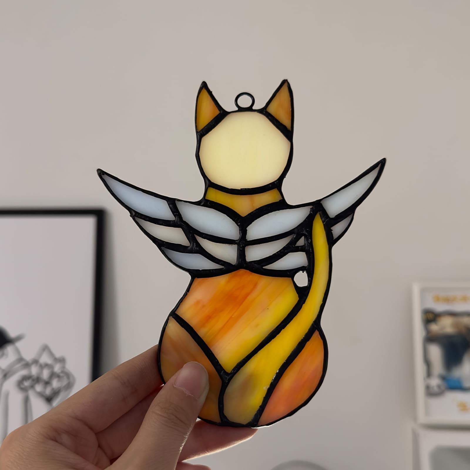 Handcrafted Stained Glass Orange Angel Cat Suncatcher – Pet Memorial Gift wit…