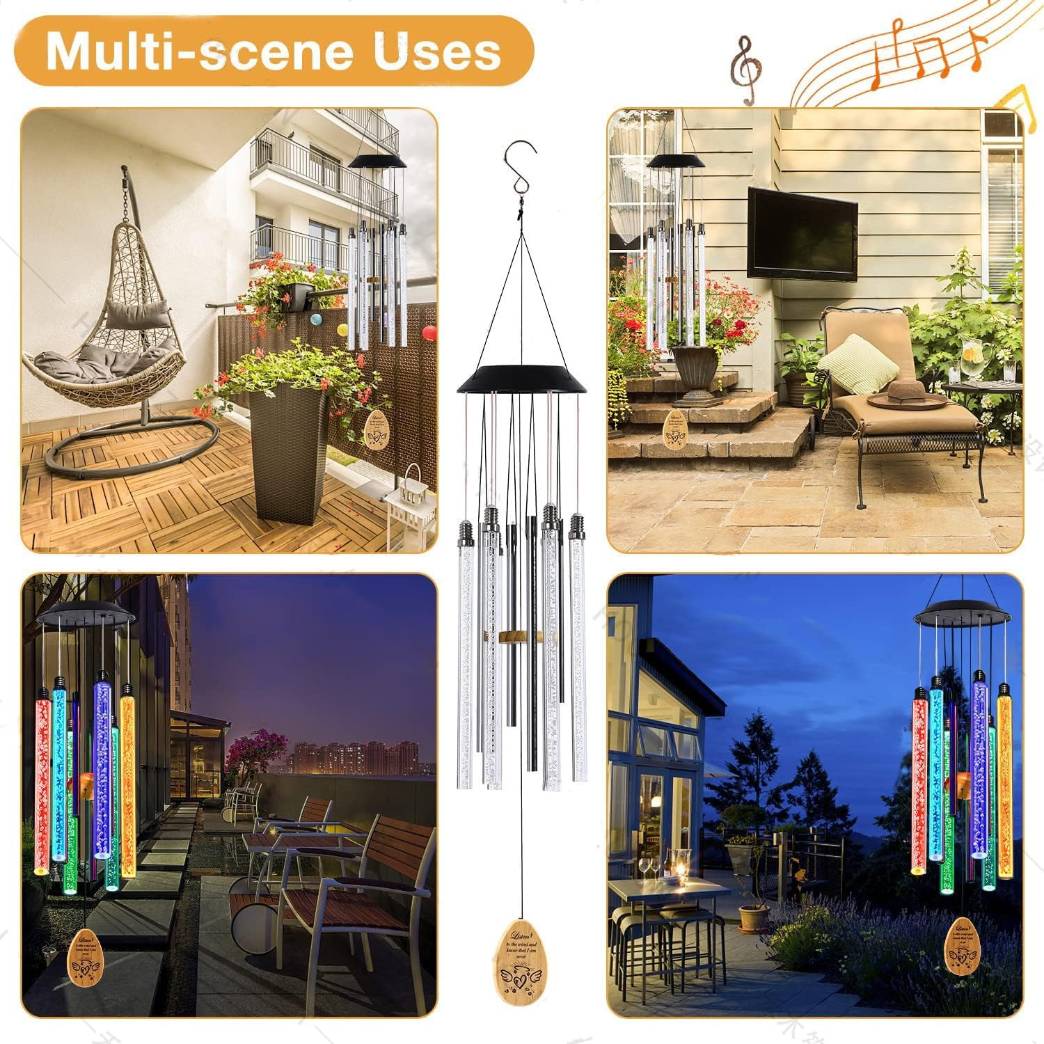 Solar Pet Memorial Wind Chime with Color-Changing LED Tubes, 33 Inches