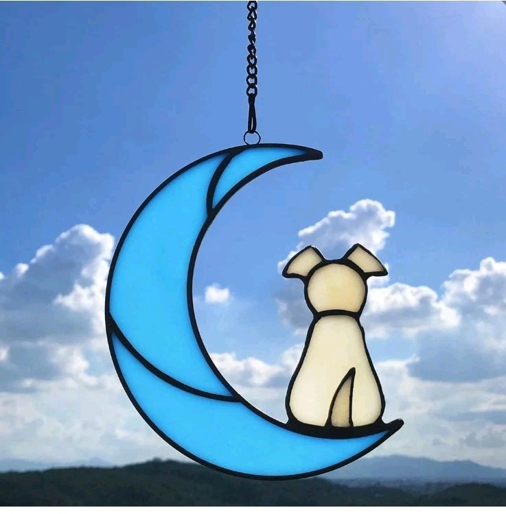 Stained Glass Dog Memorial Gifts for Dog Lovers, Yellow Dog Decor on Blue Moo…