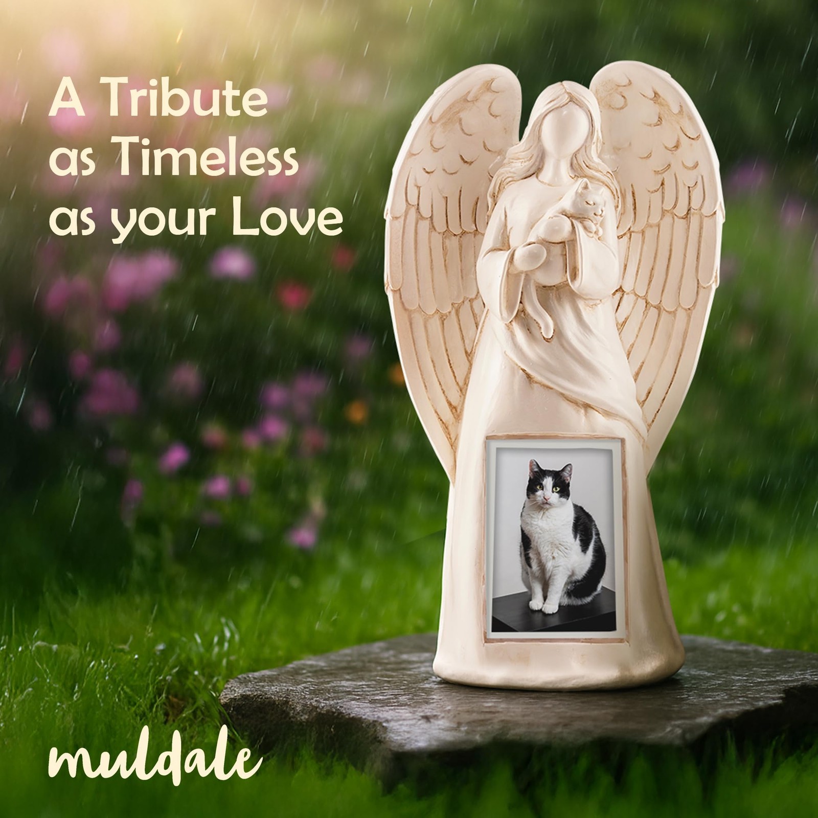 Muldale Angel Statue – Indoor/Outdoor Cat Memorial with 11 inches, Natural