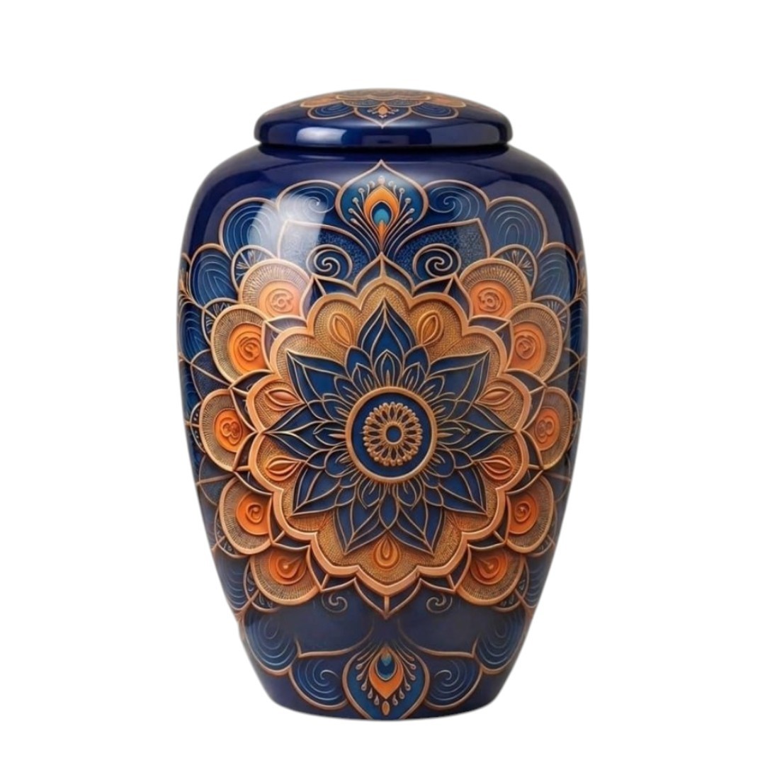 Blue & Gold Mandala Cremation Urn for Human Ashes – Adult Large 190 Cu/In + Bag