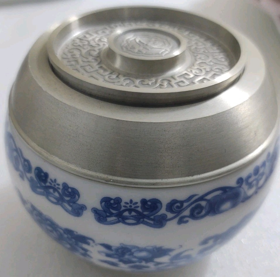 Chinese Alluminum & Ceramic Funeral URN With Lid For Pet Ashes 4″ X 3.5″