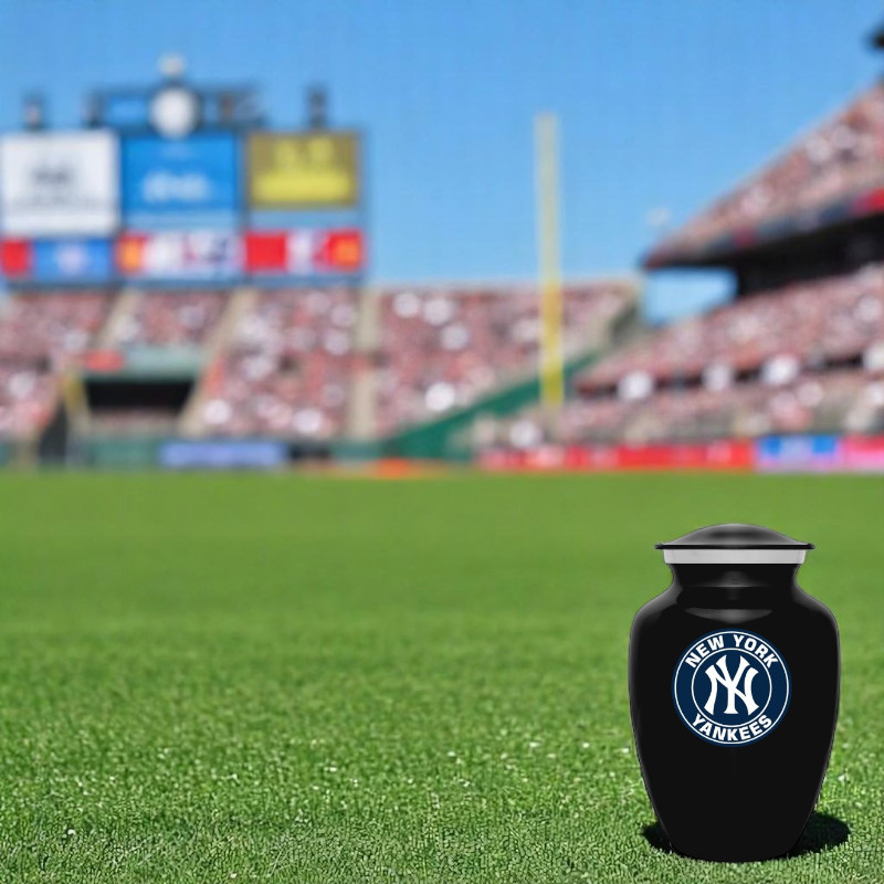 New York Yankees Baseball Style Cremation Urn Adult Ashes, Black Metal 8 In Urns