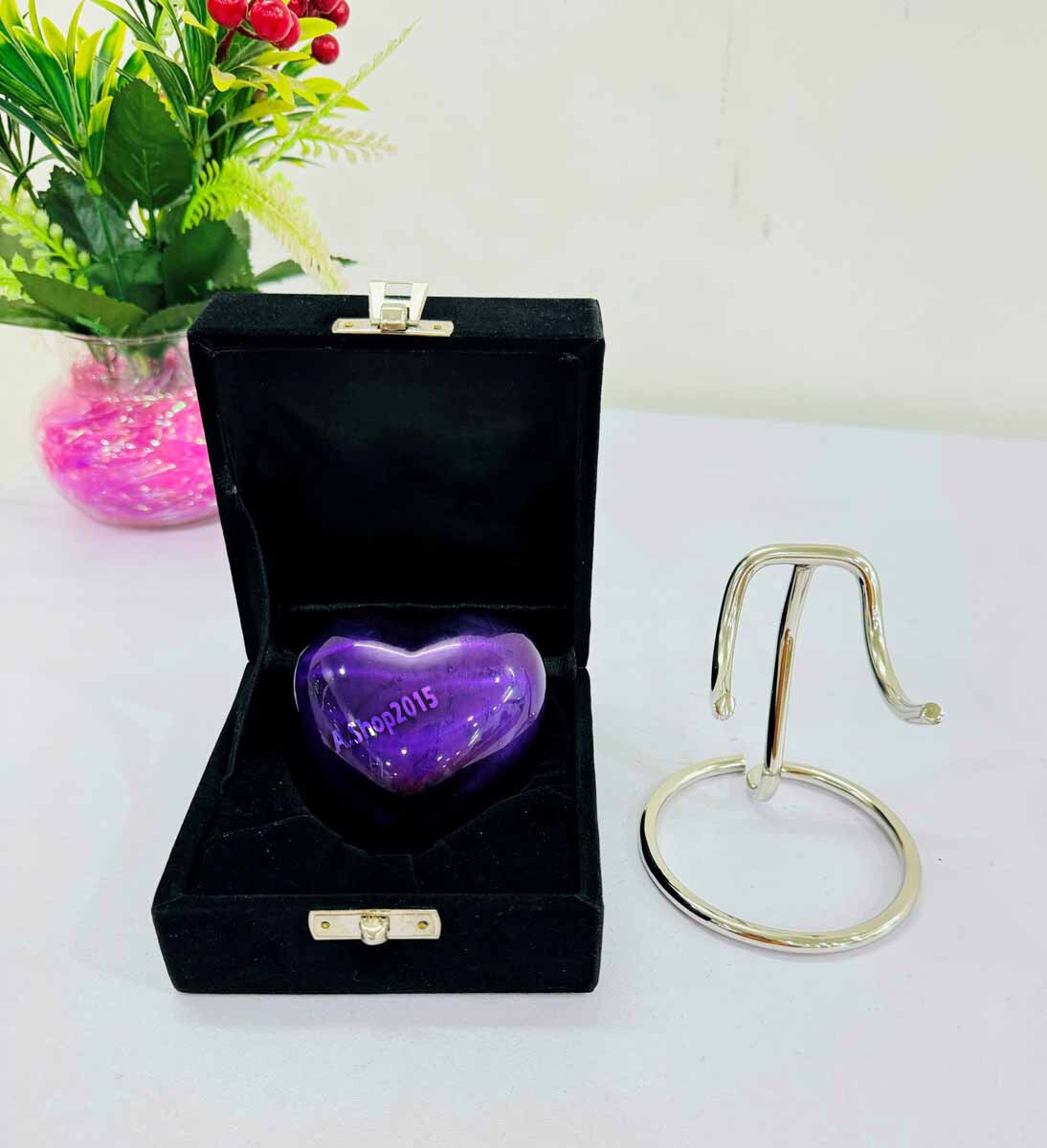 Small Purple Heart Keepsake Urn with Box & Stand Small Handcrafted Mini Memorial
