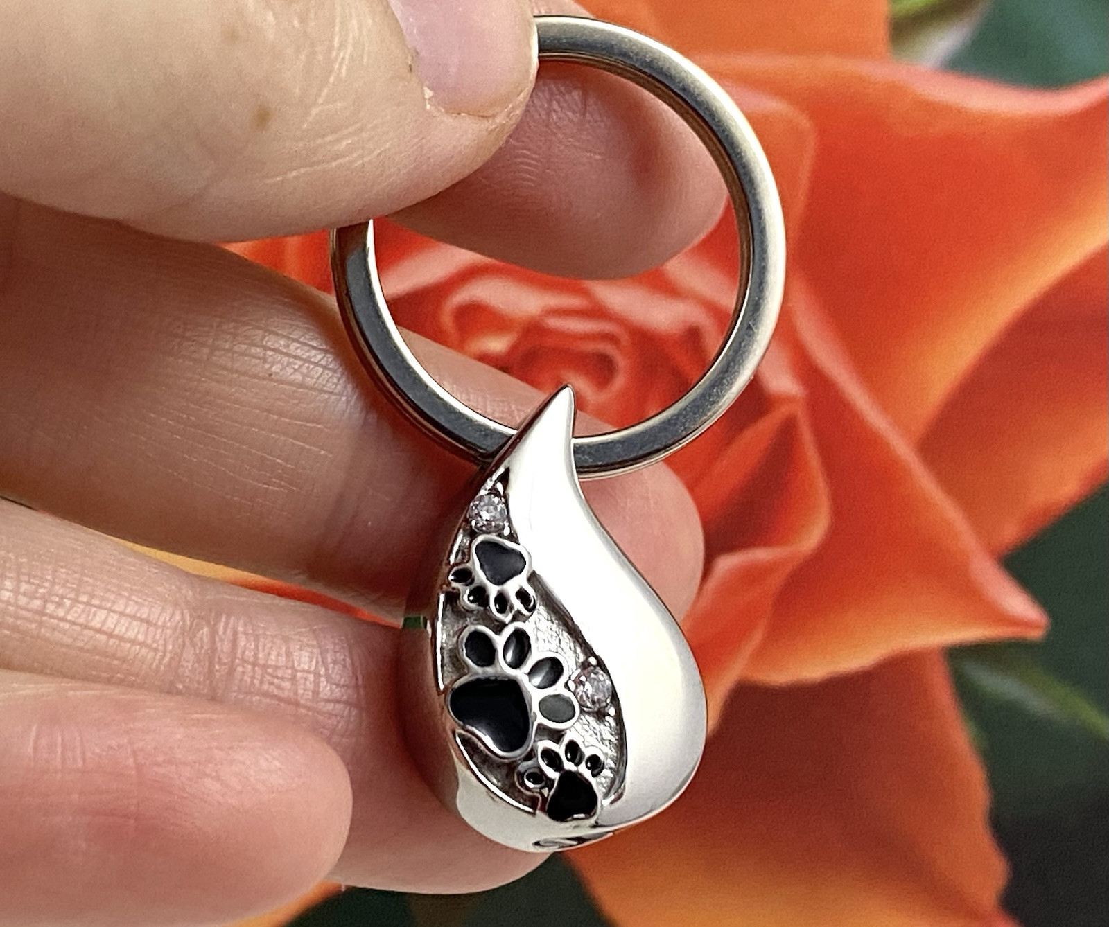 Pet Cremation Pendant Urn Keychain 1″ Key Ring for Ashes Dog Cat Paw Print Tear