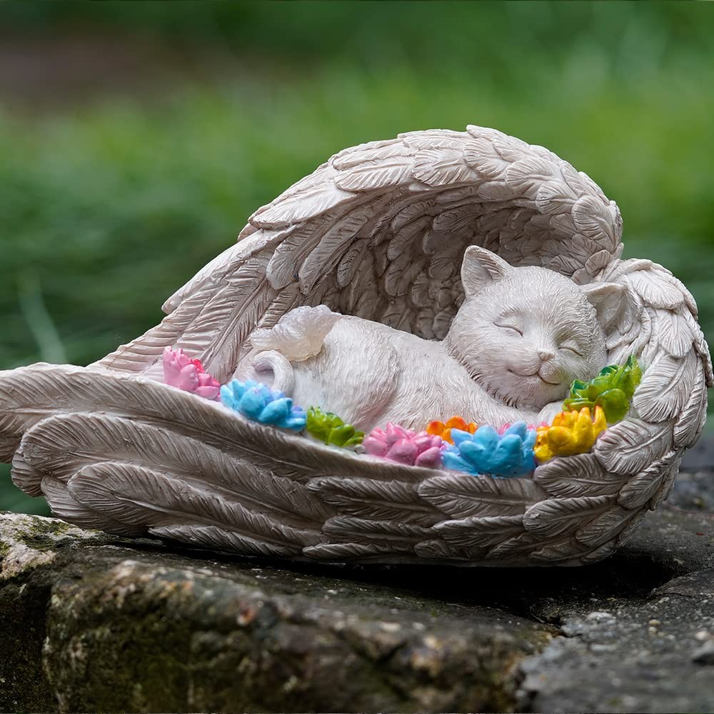 Cat Memorial Stone Solar Angel Statue Figurine Pet Garden Tombstone Decor
