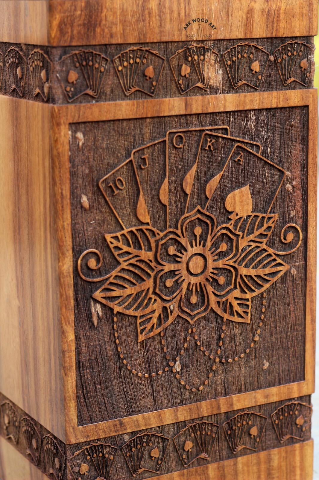 Vintage Conjure playing cards with lotus flower Wooden box for Human Ashes Male