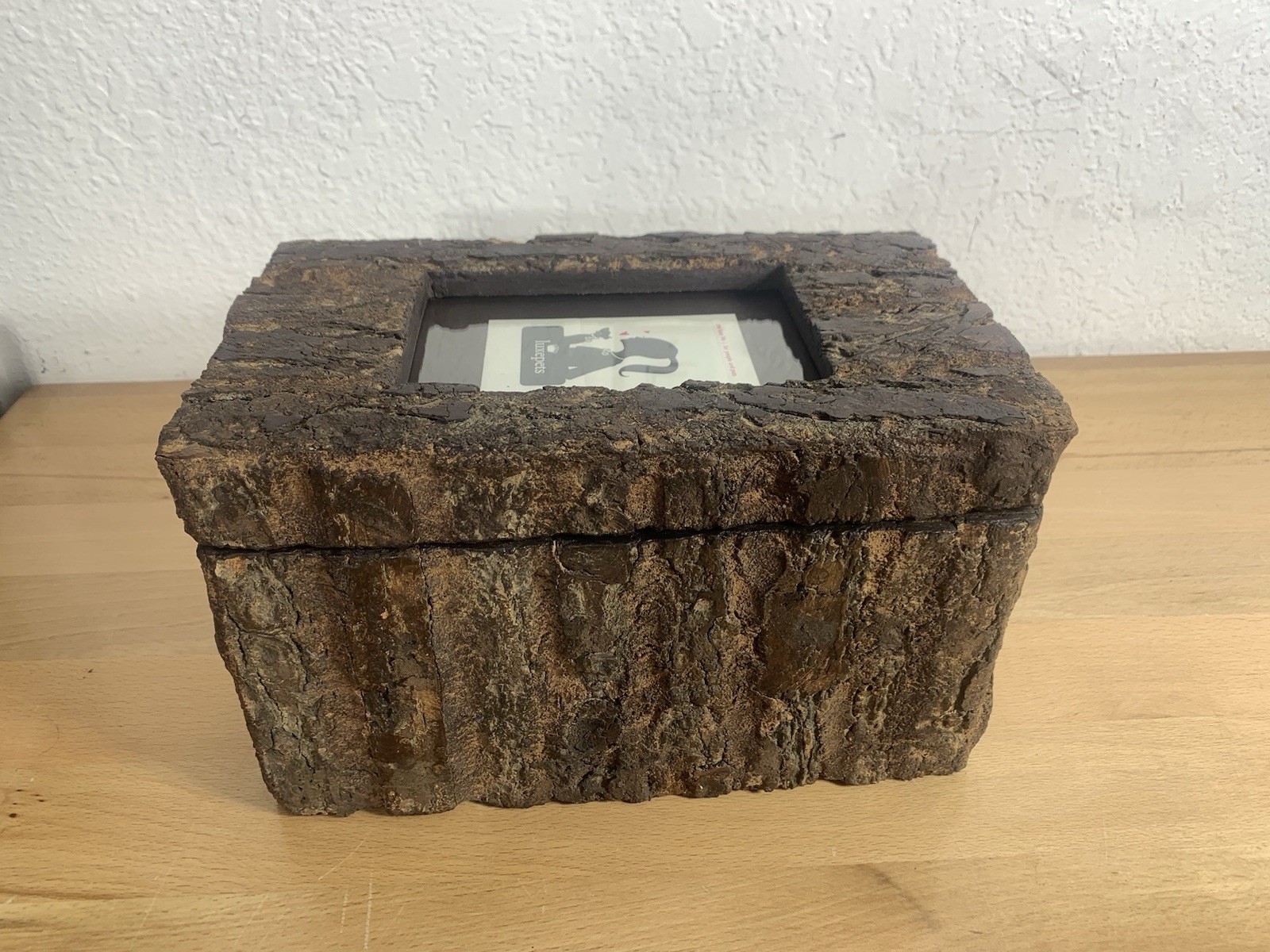 Pet Memorial Urn for Large Dog Rustic Live Edge Wooden with Glass Picture Pane