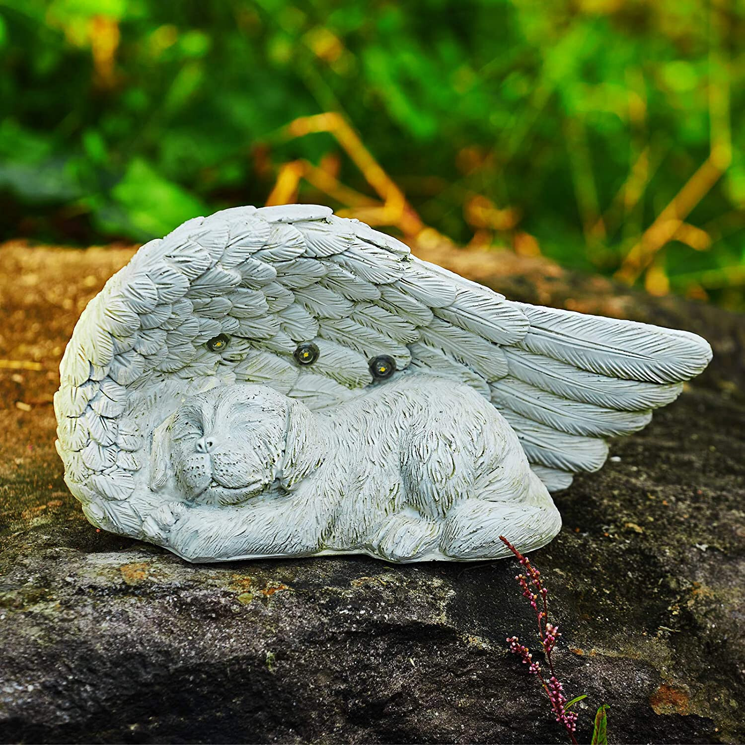 Solar Pet Dog Memorial Stone Light Statue Angel Wings Grave Marker Burial Site