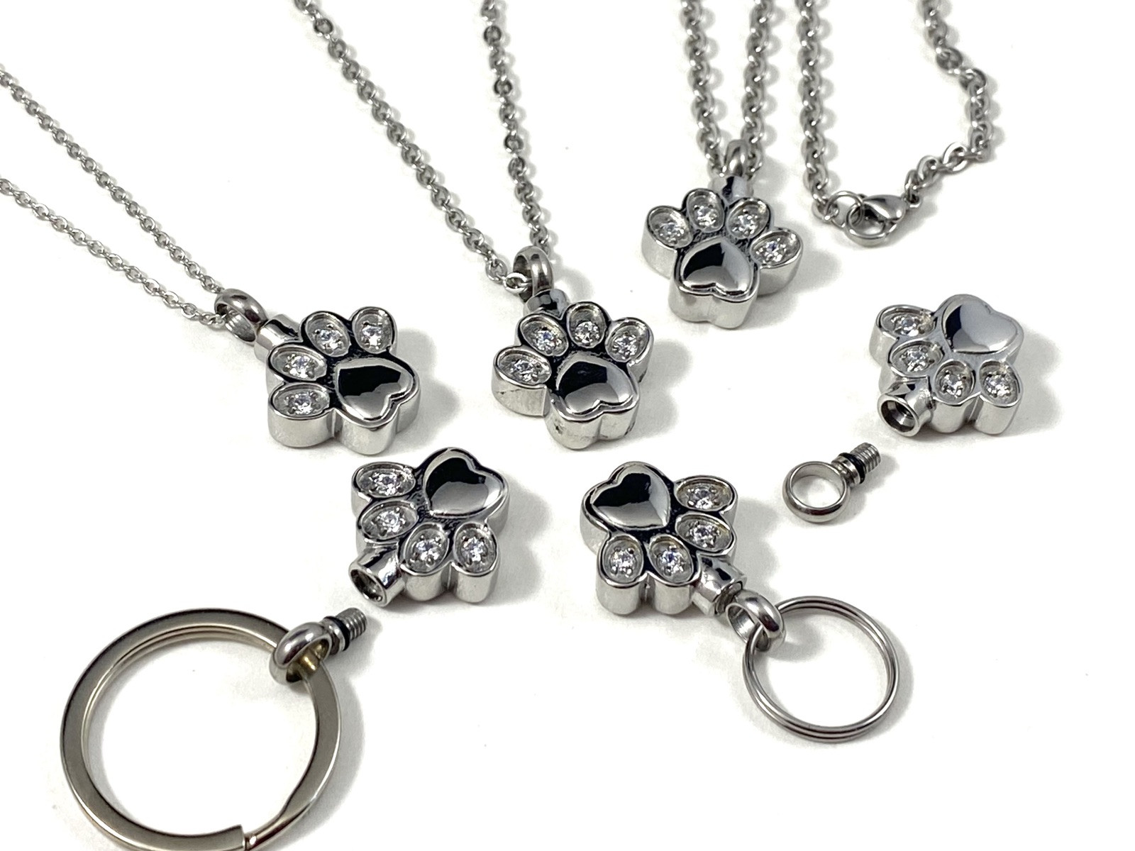Pet Cremation Pendant Urn Keychain 1″ Key Ring for Ashes Dog Cat Paw Print Paws