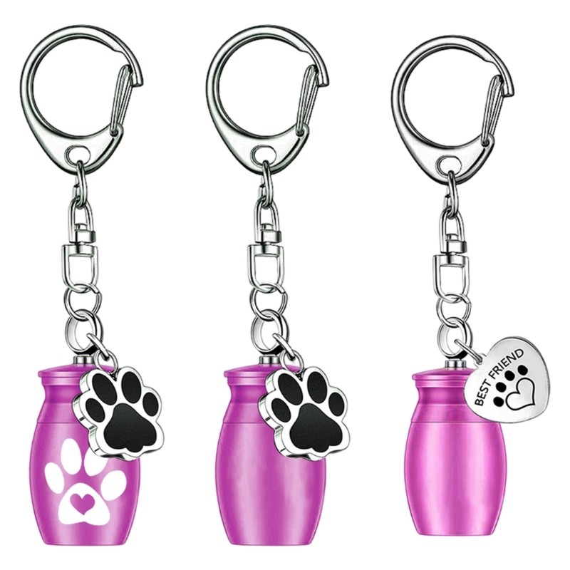 3PCS Urn Keychain Jewelry Dog Ashes Container Metal Pet Memorial Charm