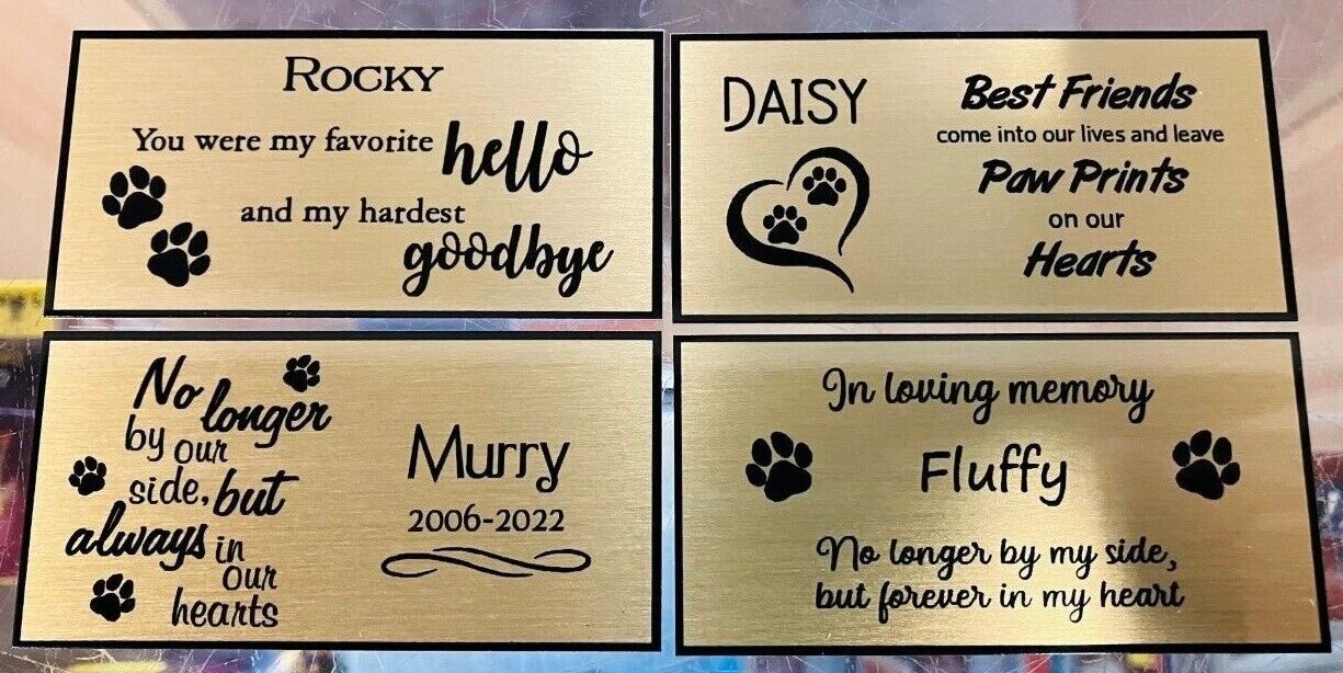 Custom Pet Dog or Cat Memorial Plate 3″x1.5″ Aluminum Gold/Silver 4 Styles SALE!