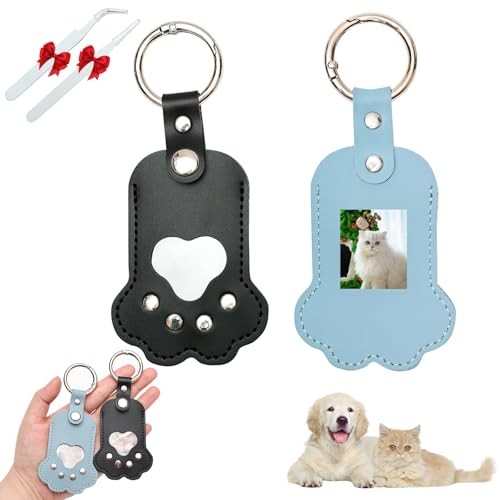 2 Pack Dog Hair Keychain with Photo Window, Pet Paw Shaped Leather BLUE+BLACK