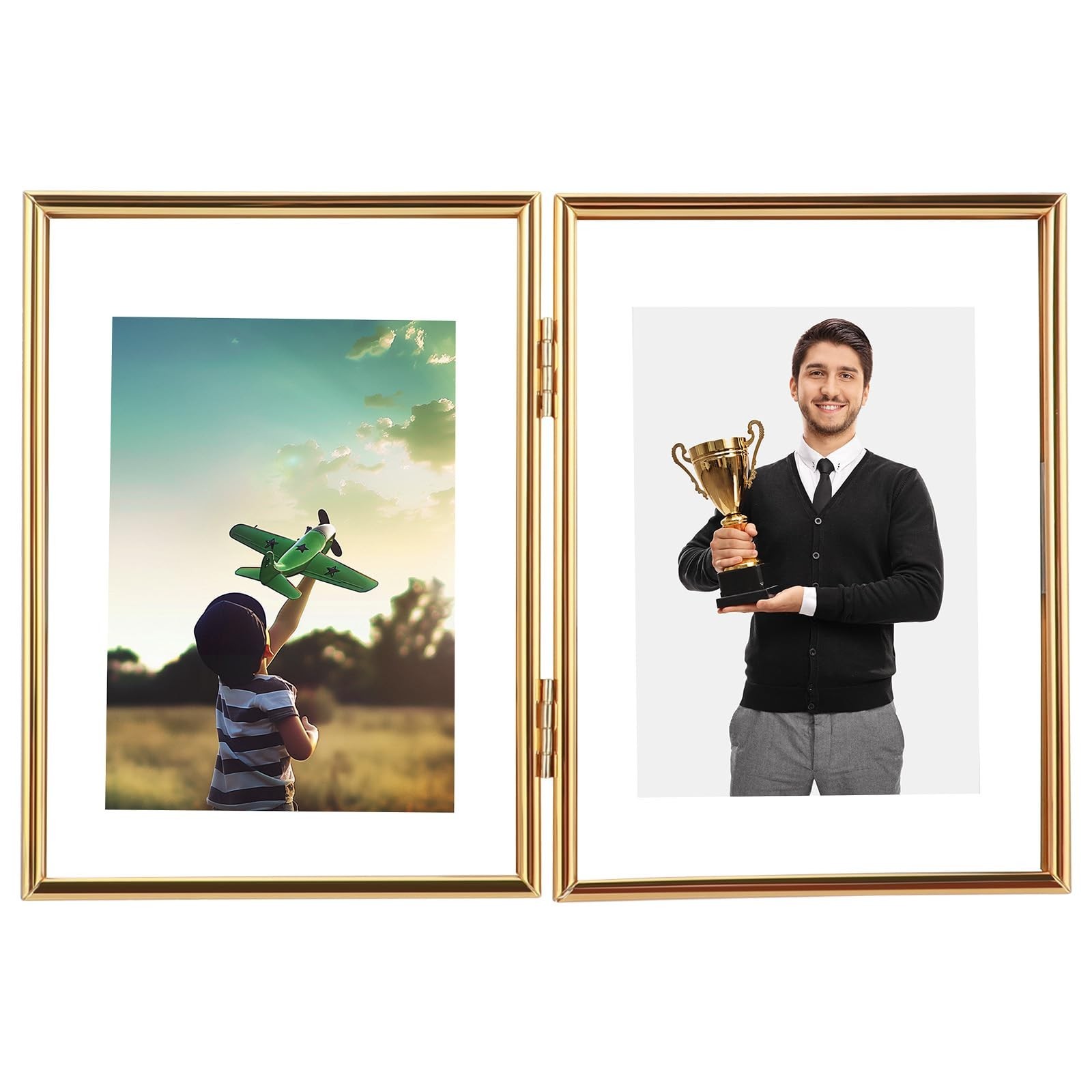 Folding Double Frame, Gold Floating Picture Frame with Hinge, For 5″×7″ 4″&