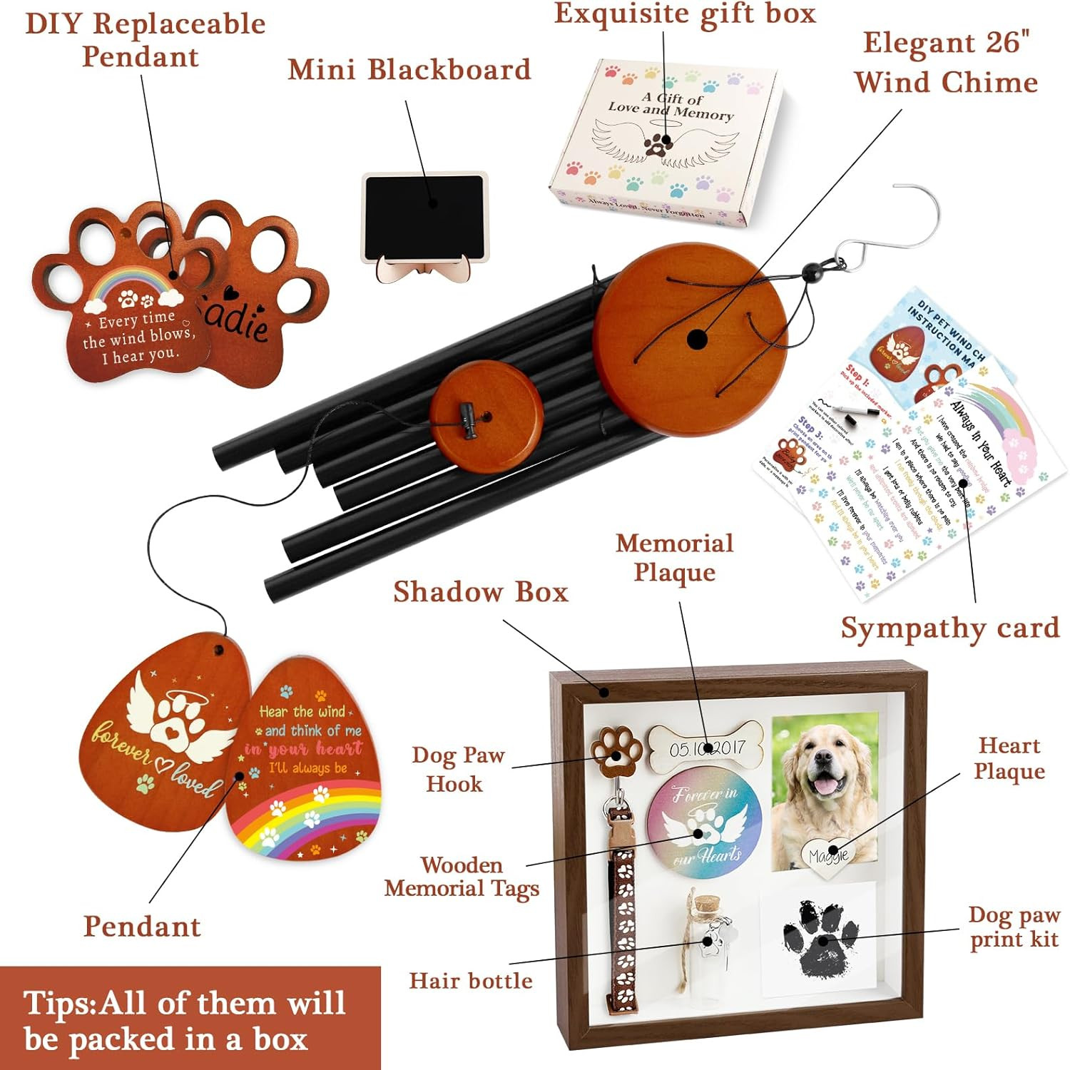 Dog Memorial Wind Chimes and Shadow Box, Pet Memorial Gifts for Dogs, Loss of Do
