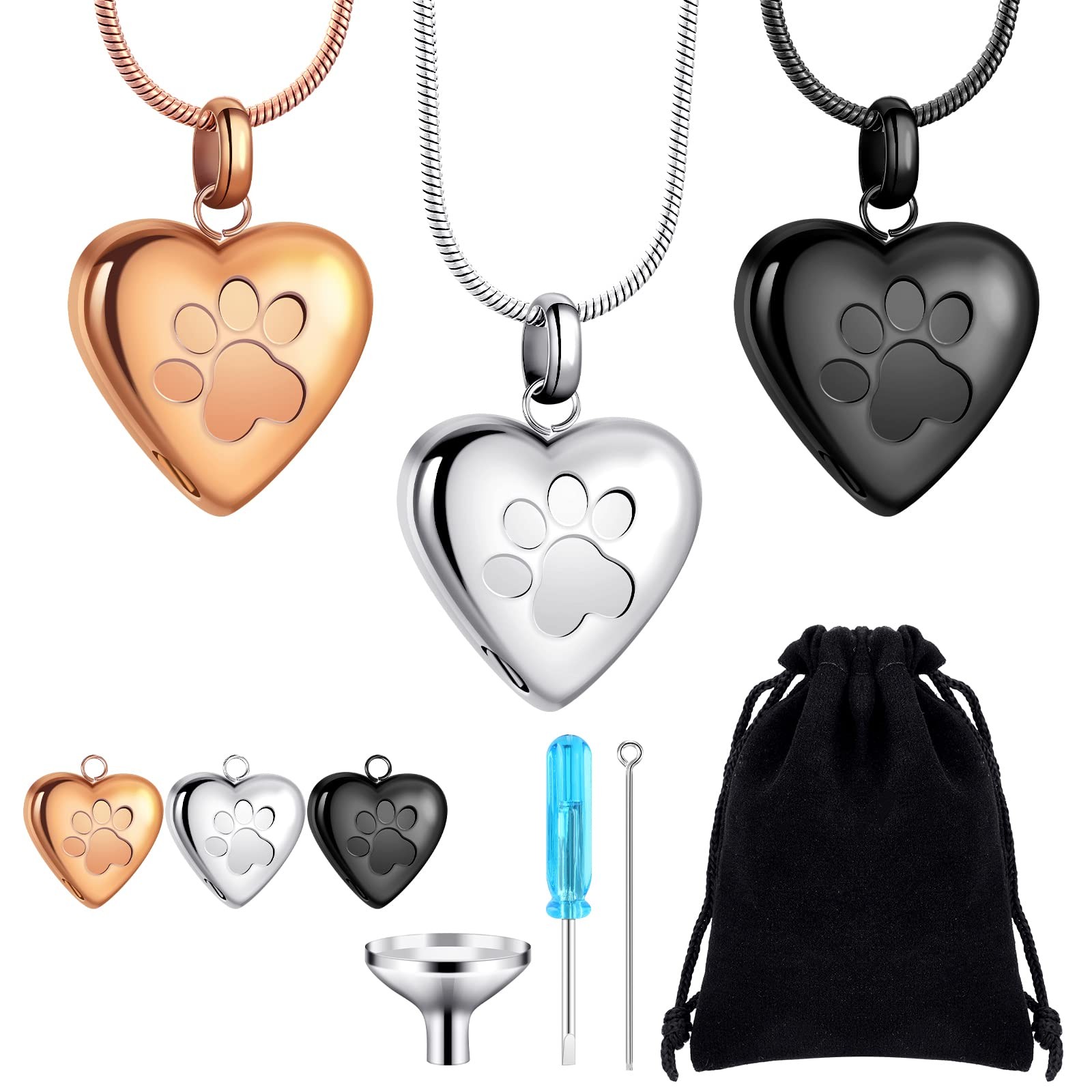 3 Pcs Pet Ashes Necklace for Dogs Urns Cremation Jewelry Paw Print Heart Stai…