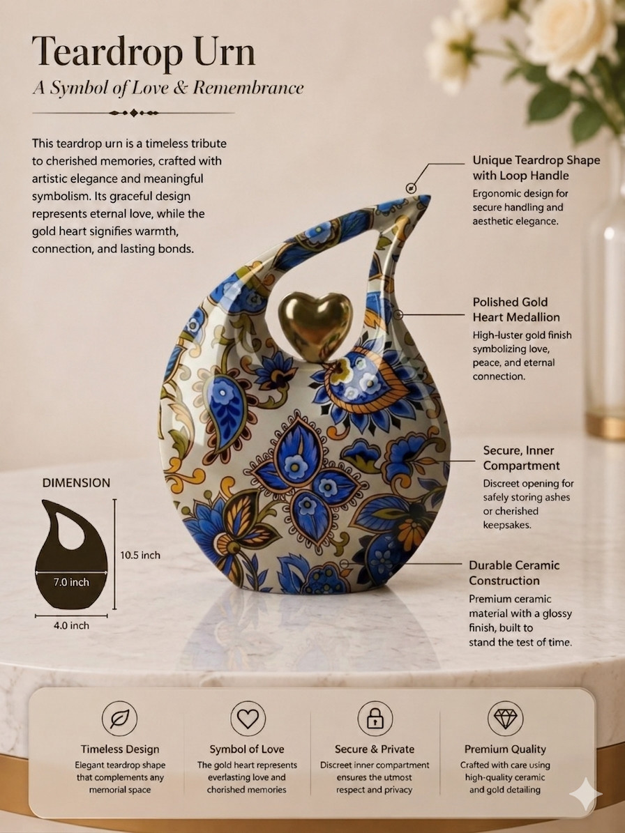 Teardrop Urns Male & Female for Human Ashes Adult Gold Heart Design w/Bag