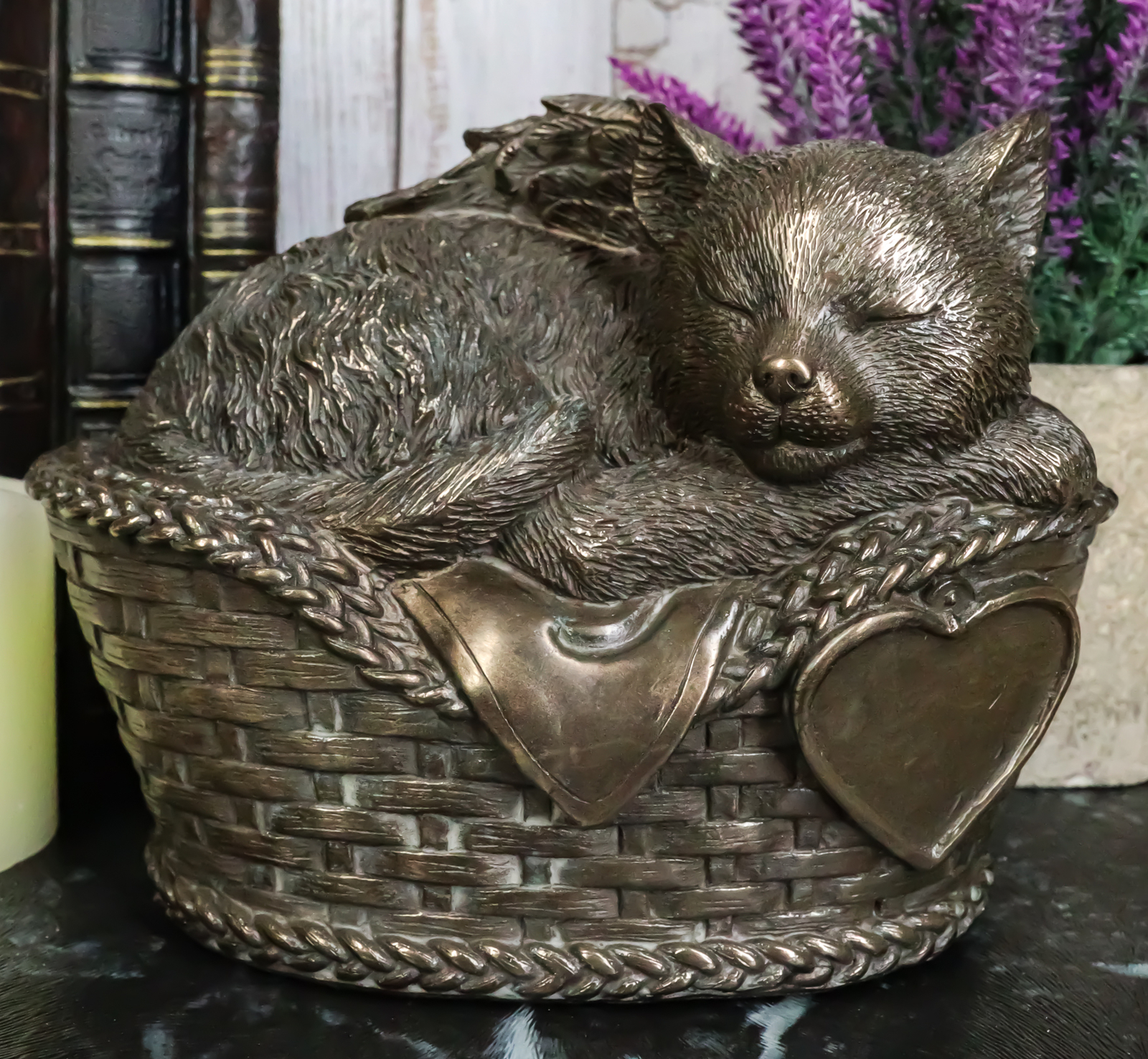 Heavenly Angel Cat Sleeping in Wicker Bed Cremation Urn Pet Memorial Statue