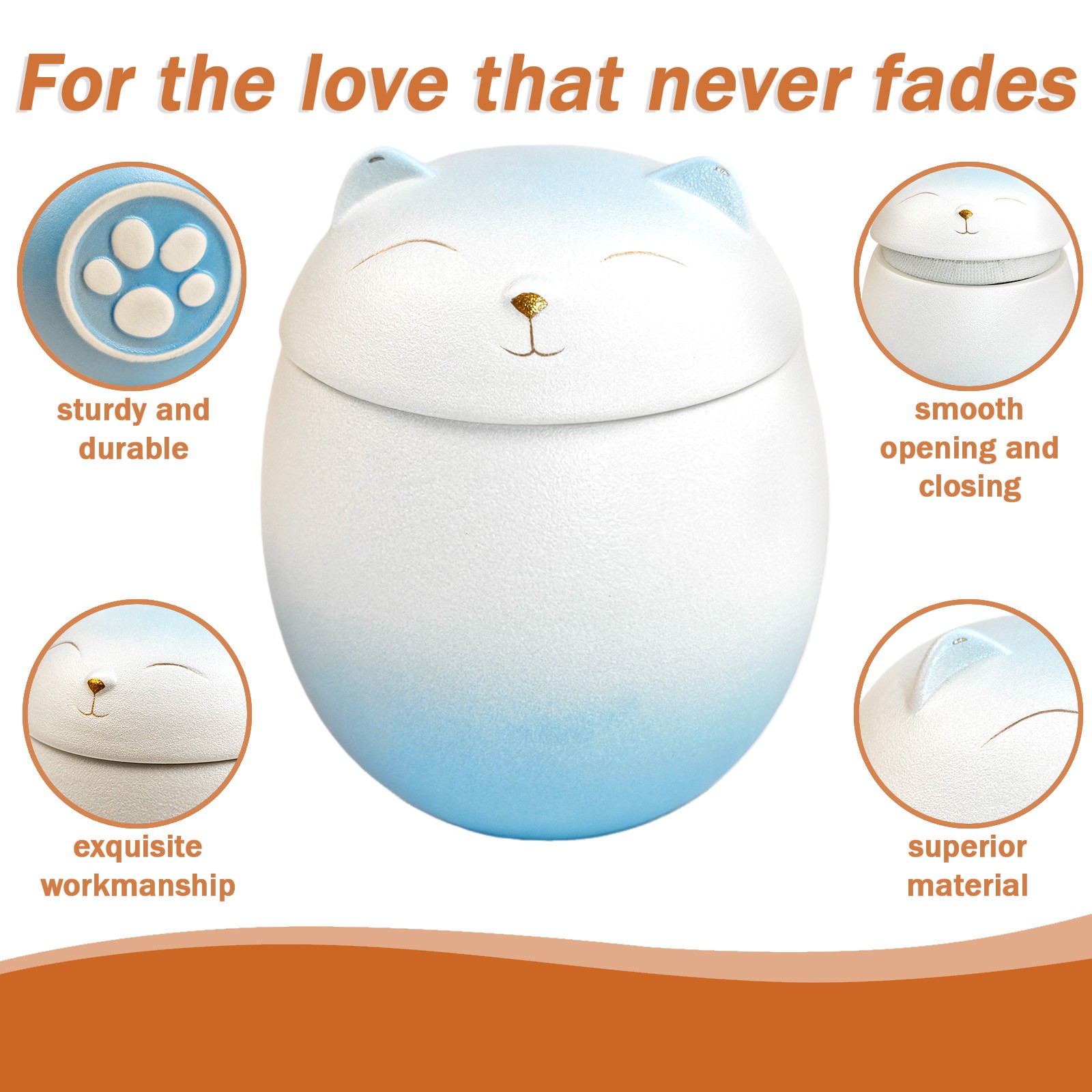 Blue-White Gradient Smiley Cat Shaped Pet Urn For Small Dog And Cat Ashes(L)