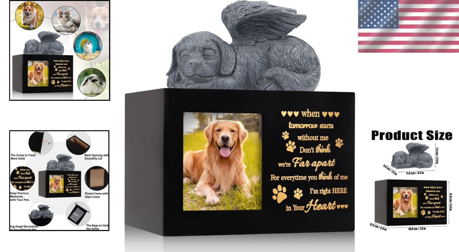 Large Wooden Pet Urn for Dog or Cat Ashes with Dog Angel Memorial Keepsake